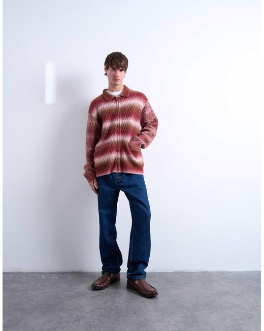 Topman Red Knitted Blend Zip Through Cardigan for men