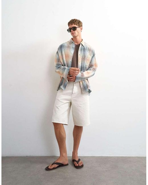 Topman White Oversized Fit Crinkle Plaid Shirt for men