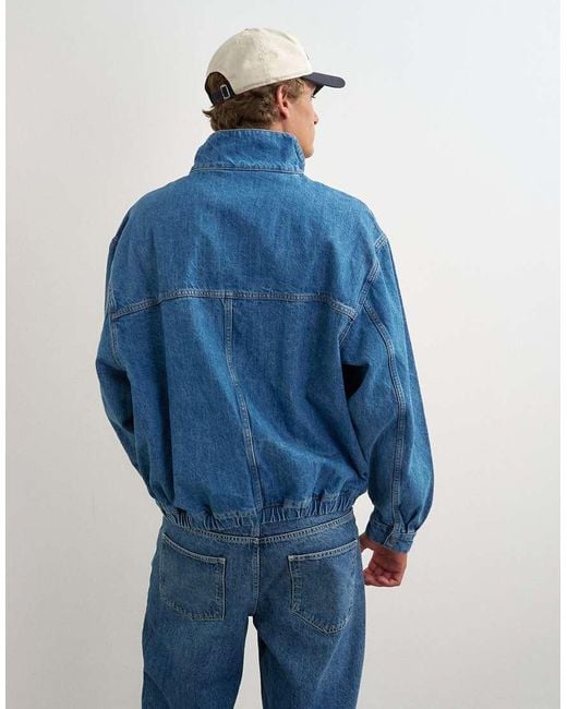 Topman Blue Oversized Fit Denim Jacket With Funnel Neck for men