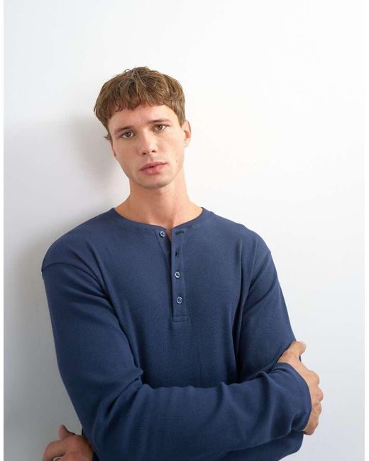 Topman Blue Classic Fit Long Sleeve Rib Henley T-shirt for men