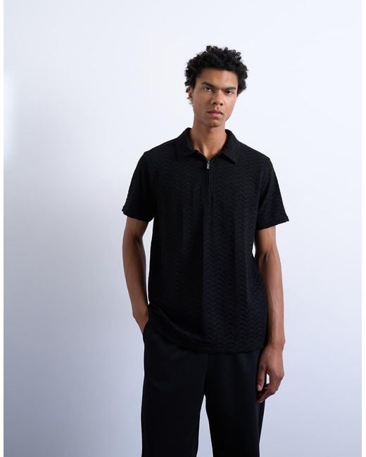 Topman Black Jersey Zig Zag Polo Top for men