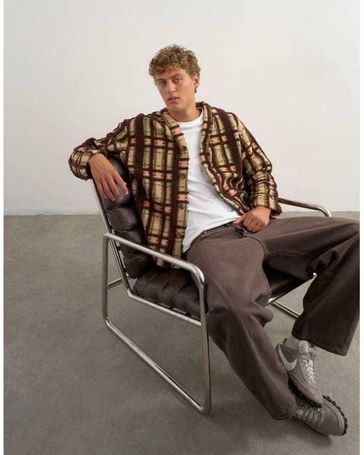 Topman Brown Boxy Fit Borg Check Cardigan for men