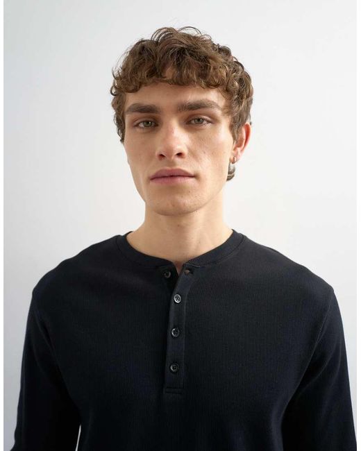 Topman Blue Slim Fit Long Sleeve Rib Henley T-Shirt for men