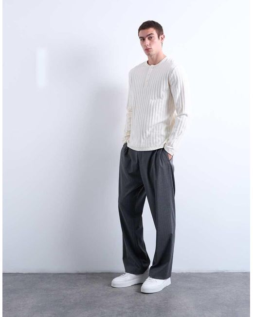 Topman White Long Sleeve Rib Henley Tee for men