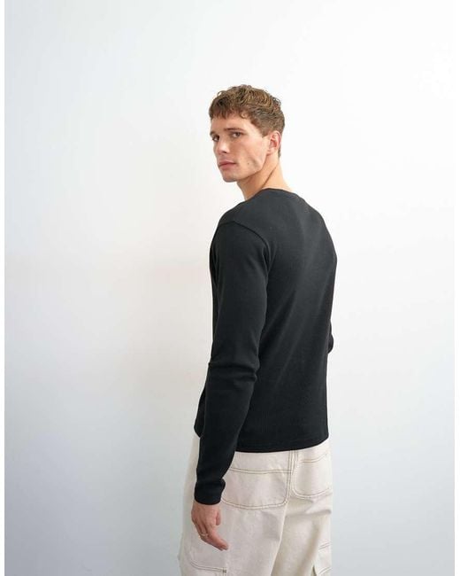 Topman Black Classic Fit Long Sleeve Rib Knit Henley T-shirt for men
