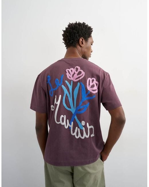 Topman Purple Relaxed Fit T-Shirt With Front And Floral Embroidery for men