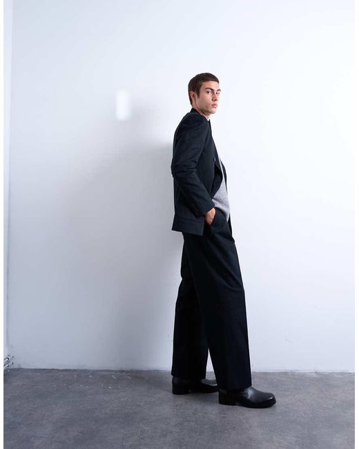 Topman Blue Wool Blend Wide Leg Striped Suit Trouser for men