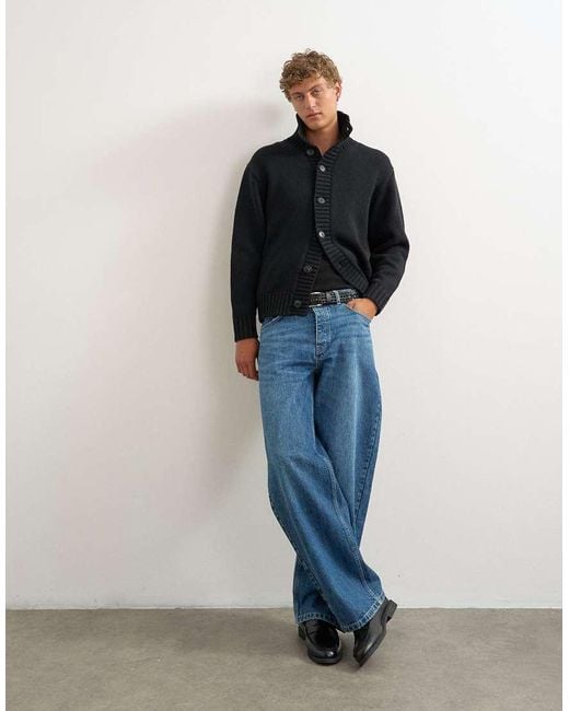 Topman Blue Relaxed Fit Heavyweight Funnel Neck Jumper for men