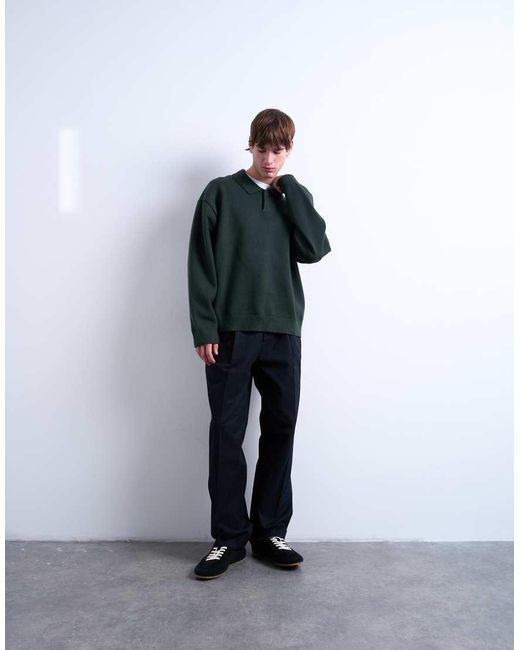 Topman Green Knitted Smart Polo Jumper for men