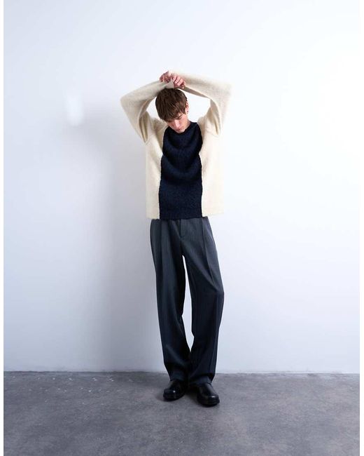Topman Blue Relaxed Fit Fluffy Yarn Paneled Sweater for men