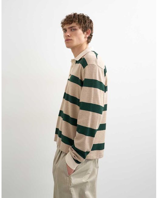 Topman Green Relaxed Cropped Long Sleeve Rugby Polo for men