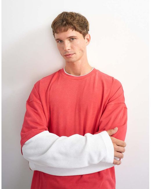 Topman Red Relaxed Fit Crop Laye T-shirt With Waffle Sleeve for men