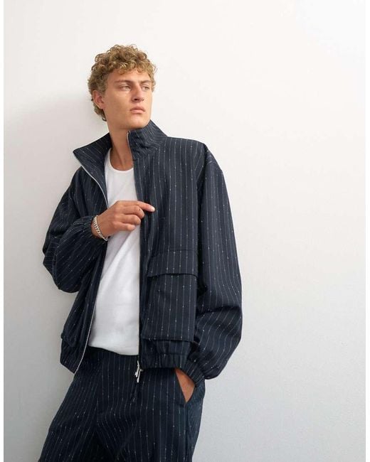 Topman Blue Oversized Fit Tailored Funnel Neck Bomber Jacket With Boucle Pinstripe for men
