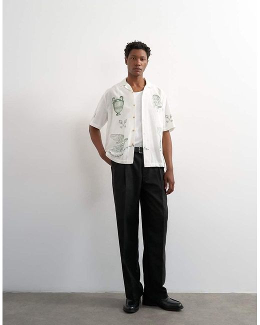 Topman White Relaxed Fit Linen Blend Shirt With All Over Placement Embroidery for men