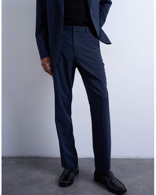 Topman Blue Straight Wool Touch Suit Trousers for men