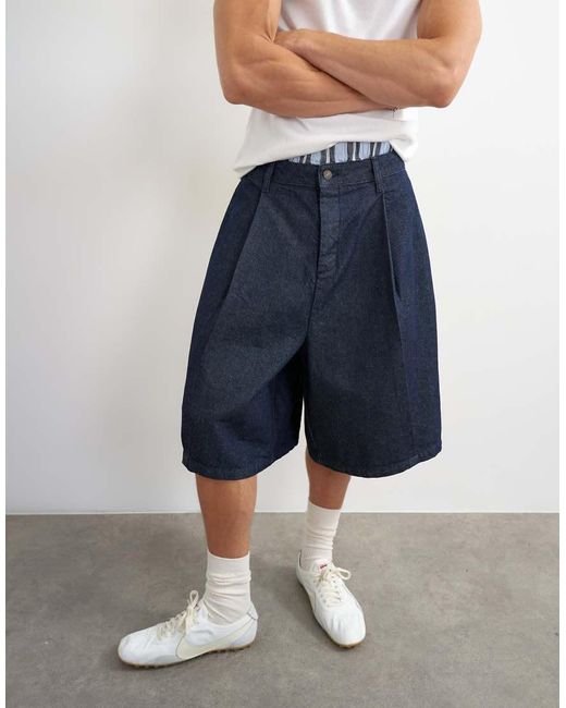 Topman Blue Wide Leg Denim Bermuda Short With Pronounced Pleat for men
