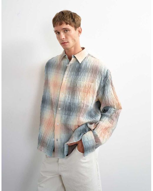 Topman White Oversized Fit Crinkle Plaid Shirt for men