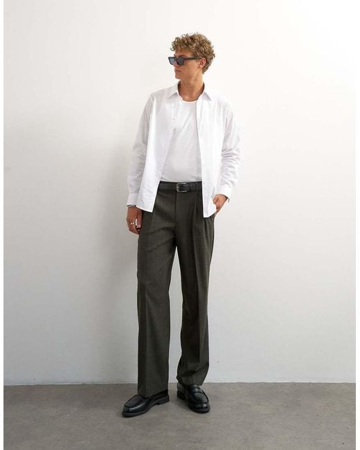 Topman White Wide Leg Pinstripe Trousers for men