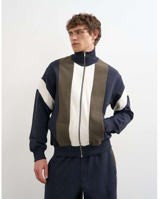 Topman Blue Classic Fit Paneled Pique Track Top for men