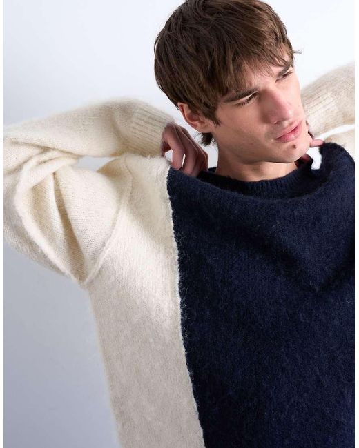 Topman Blue Relaxed Fit Fluffy Yarn Paneled Sweater for men