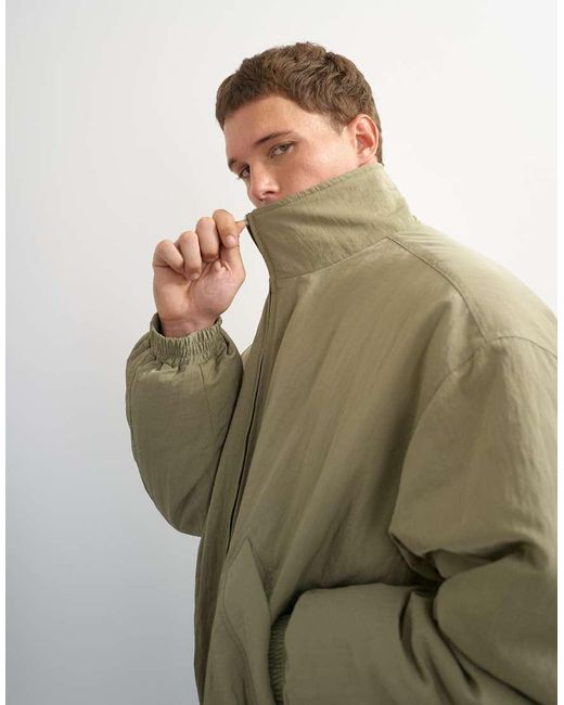 Topman Green Oversized Fit Twill Nylon Funnel Neck Bomber Jacket for men