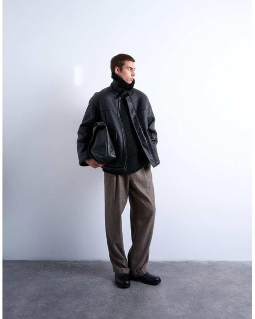 Topman Black Faux Shearling Jacket With Patch Pockets for men