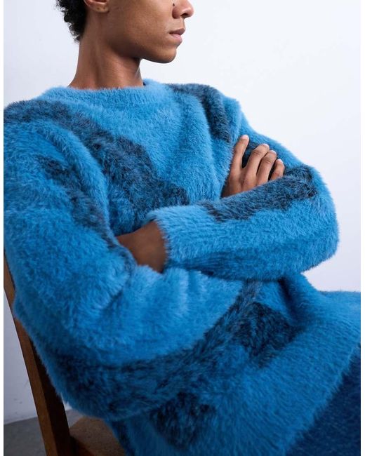 Topman Blue Relaxed Fit Fluffy Knitted Jumper With Stripe Design for men