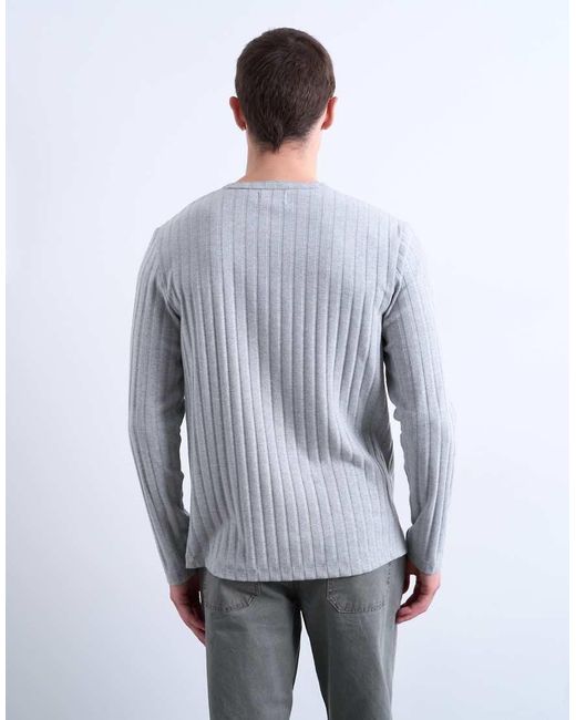 Topman Gray Long Sleeve Rib Henley Tee for men