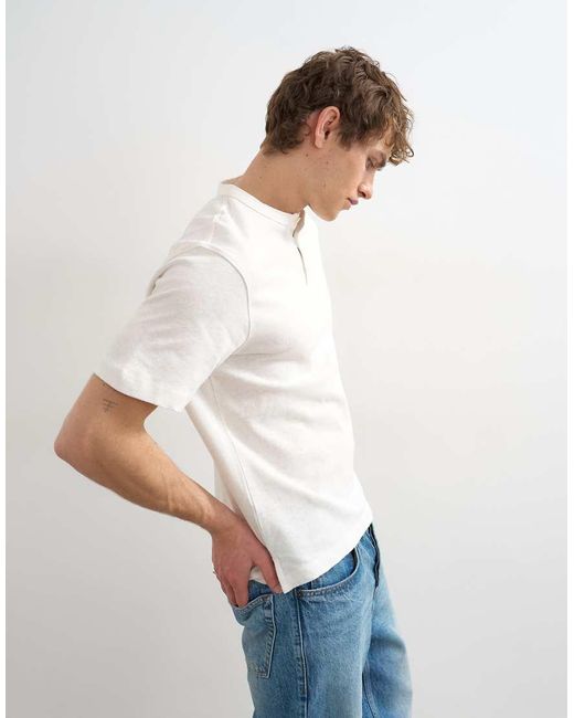 Topman White Relaxed Fit Linen Mix Henley T-Shirt for men