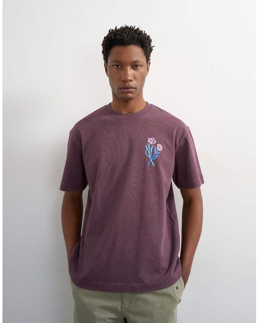 Topman Purple Relaxed Fit T-Shirt With Front And Floral Embroidery for men