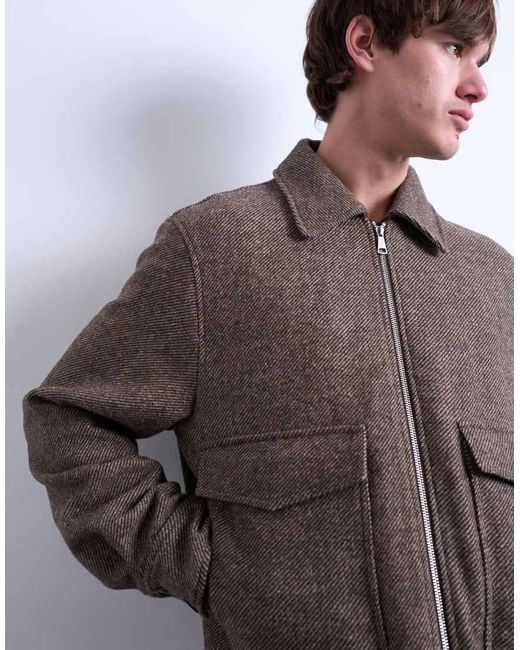 Topman Brown Herringbone Short Jacket for men