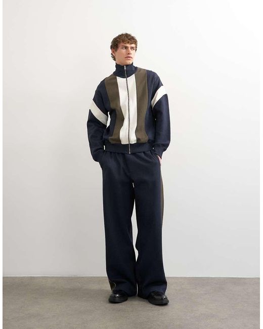Topman Blue Classic Fit Paneled Pique Track Top for men
