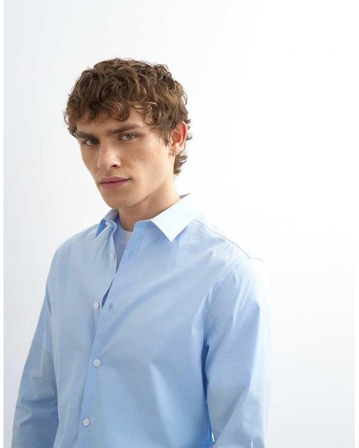 Topman Blue Slim Fit Long Sleeve Formal Stretch Shirt for men