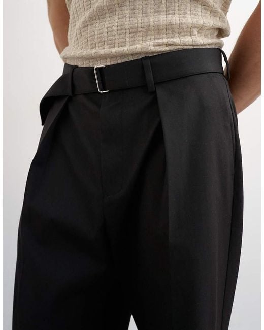Topman Black Wide Leg Belted Twill Trouser for men