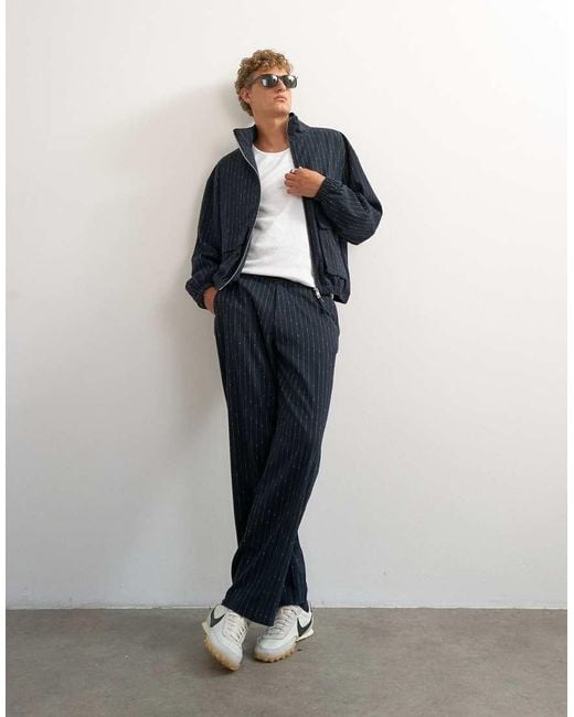 Topman Blue Oversized Fit Tailored Funnel Neck Bomber Jacket With Boucle Pinstripe for men