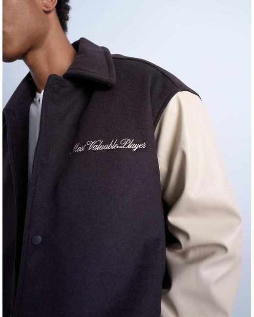 Topman Blue Embroidered Varsity Jacket for men