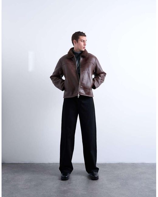 Topman Brown Faux Shearling Jacket With Zip Pockets for men