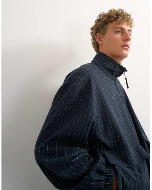 Topman Blue Oversized Fit Tailored Funnel Neck Bomber Jacket With Boucle Pinstripe for men