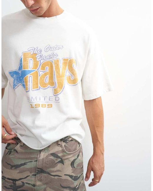 Topman White Relaxed Fit Crop Vintage Rays Print T-Shirt With Distressing for men