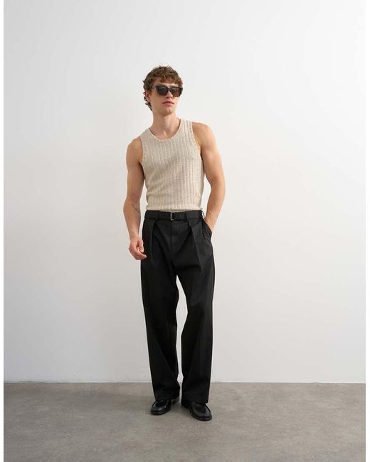 Topman Black Wide Leg Belted Twill Trouser for men