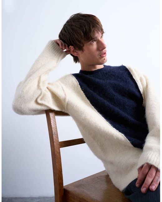 Topman Blue Relaxed Fit Fluffy Yarn Paneled Sweater for men