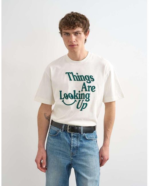 Topman White Relaxed Fit T-Shirt With Things Are Looking Up Embroidery for men