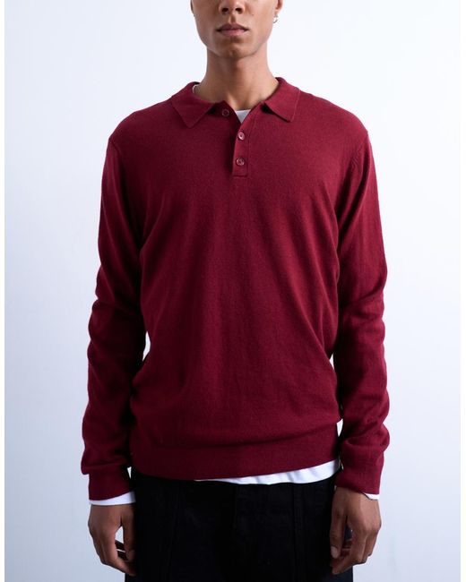 Topman Red Essential Knitted Button Polo for men