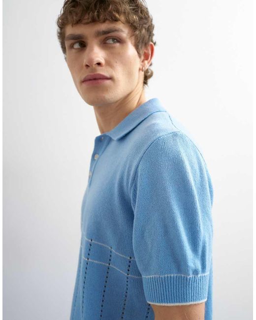 Topman Blue Classic Fit Pointelle Knitted Polo for men