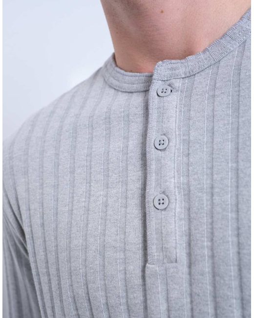 Topman Gray Long Sleeve Rib Henley Tee for men
