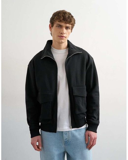 Topman Black Relaxed Fit Jersey Utility Shacket With Funnel Neck for men