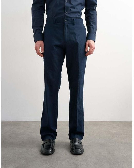 Topman Blue Straight Fit Linen Rich Trousers for men