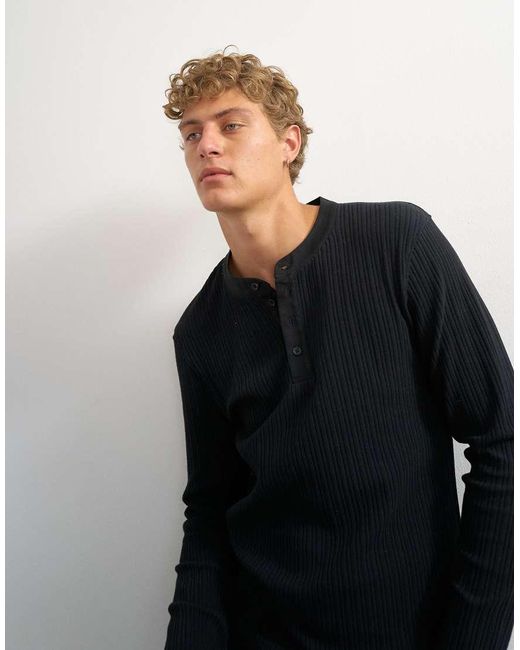 Topman Blue Premium Classic Fit Long Sleeve Textured Henley With Woven Placket for men