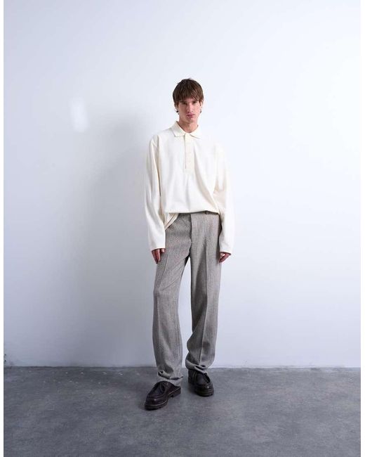 Topman White Relaxed Fit Structured Stitch Long Sleeve Polo Shirt for men