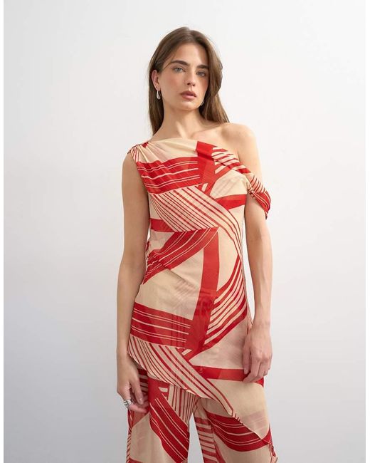 TOPSHOP Red Sheer Stripe Print Off Shoulder Top Co-Ord